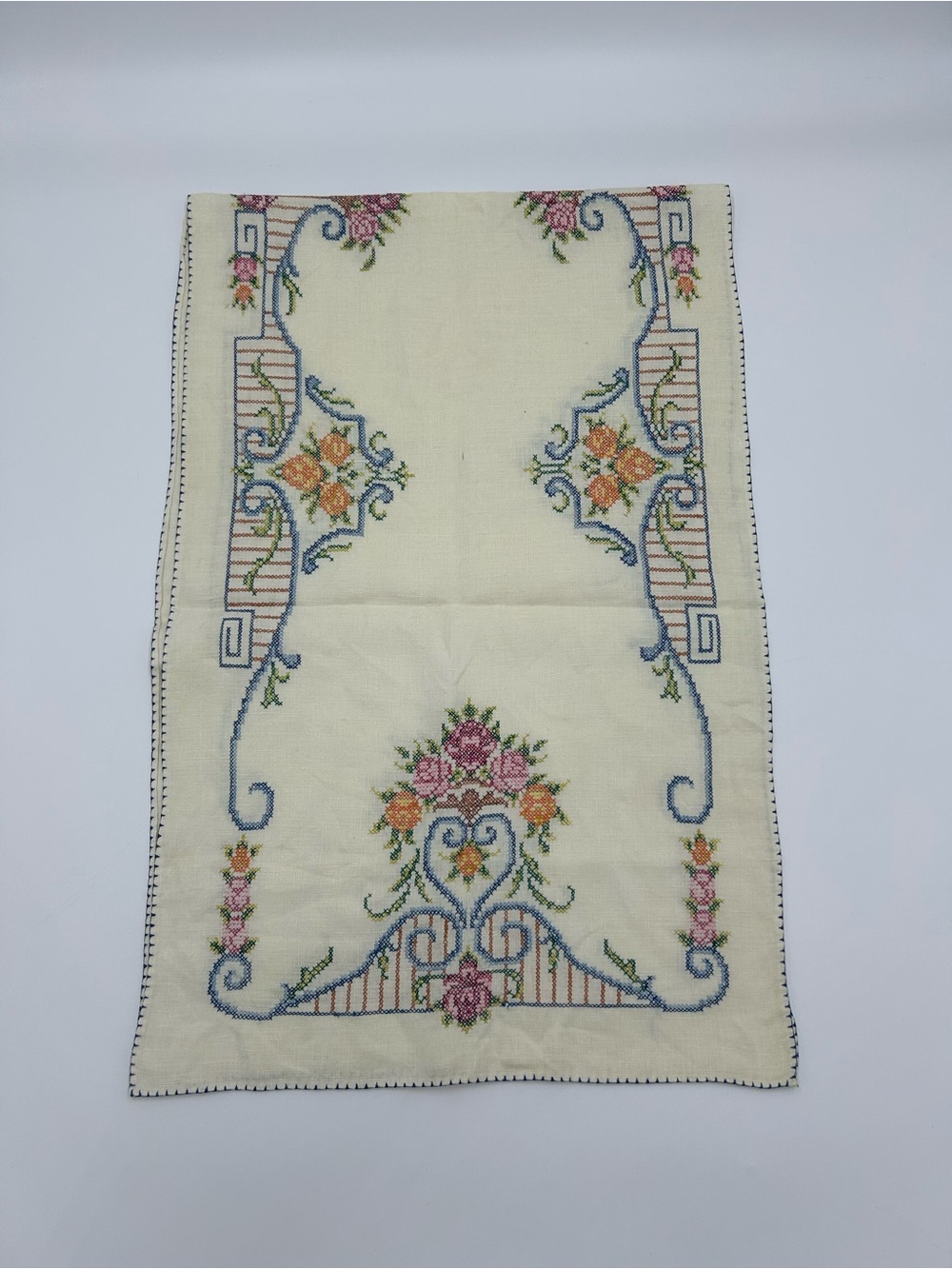 Embroidered Floral Cream Table Runner 49” L x 16”W